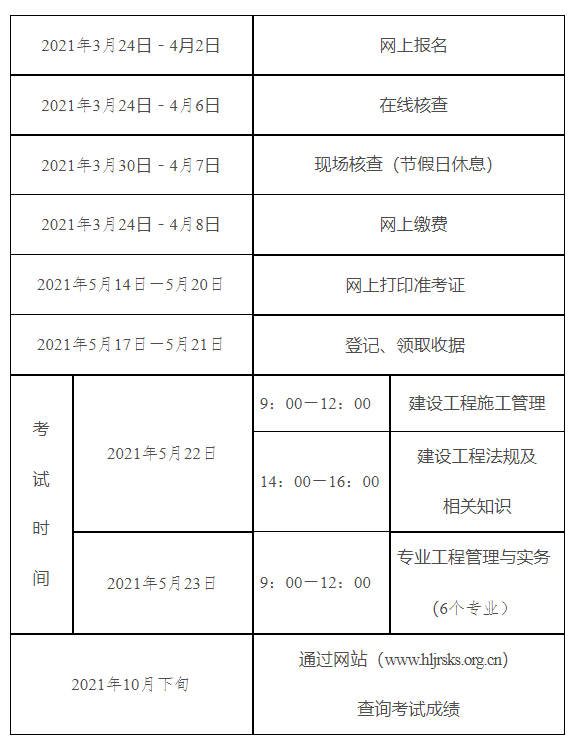 2021年黑龍江二級建造師考試時間安排